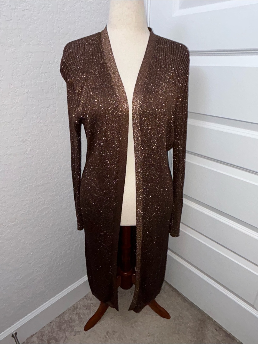 Nygard Metallic Shimmer Ribbed Open Front Long Duster Cardigan Sweater